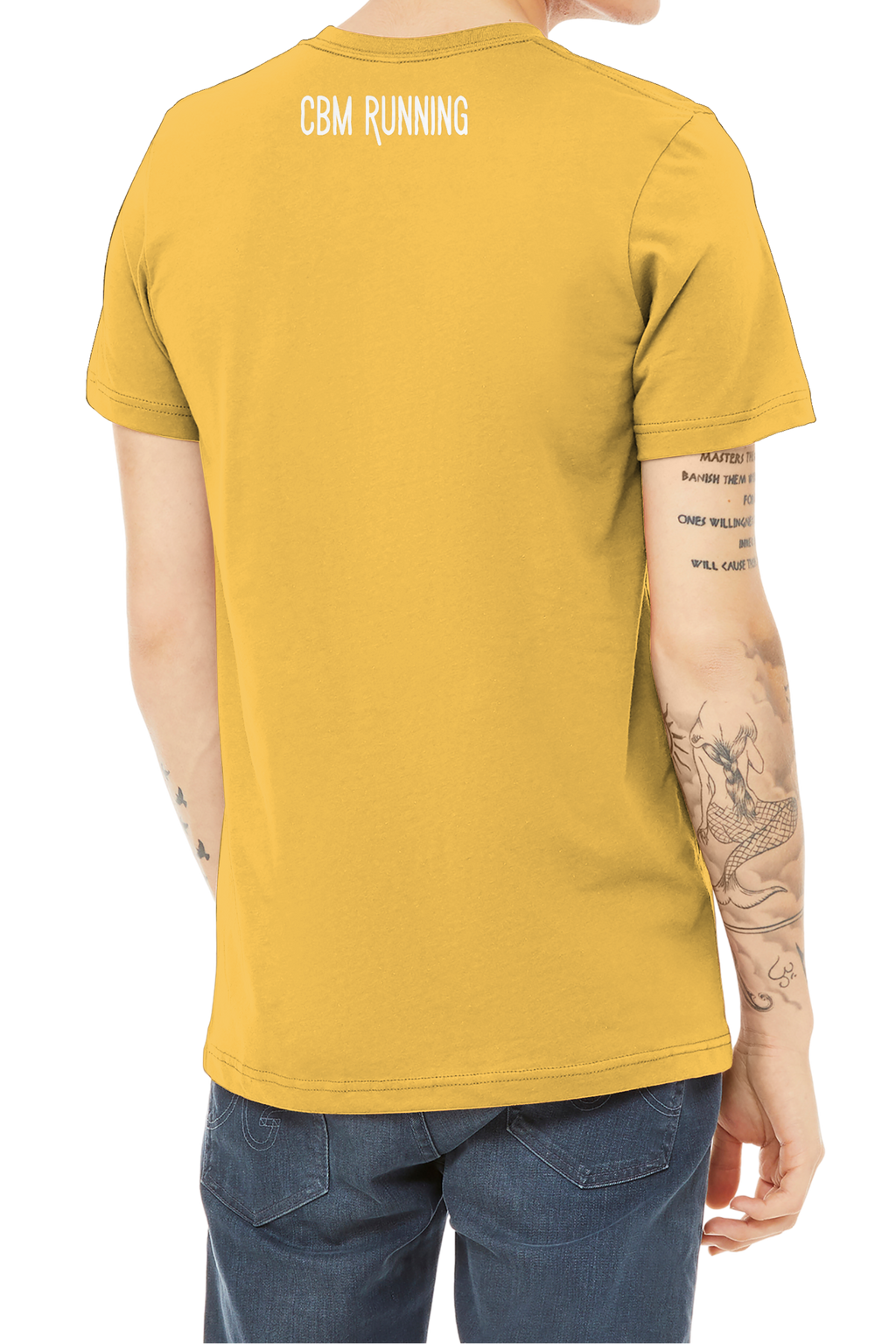 Person wearing a mustard yellow t-shirt with CBM RUNNING on the back, standing against a white background